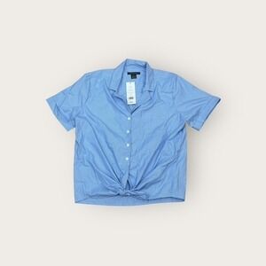 French Connection Women's Blue Pinstripe Tie Front Short Sleeve Button Up Top M